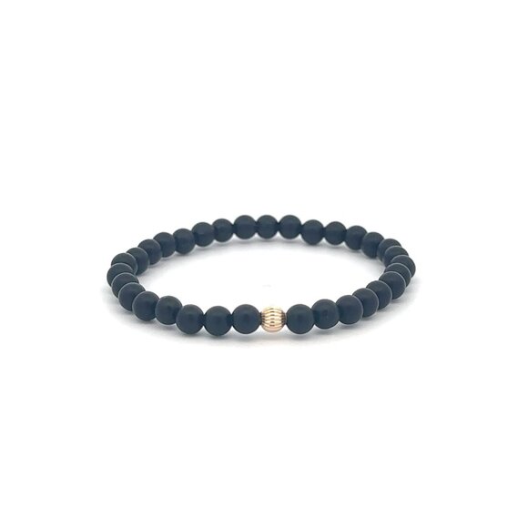 Gemstones Matte Onyx 4mm Stretchable Bracelet 14k Gold Corrugated Bead Charm - Picture 1 of 5